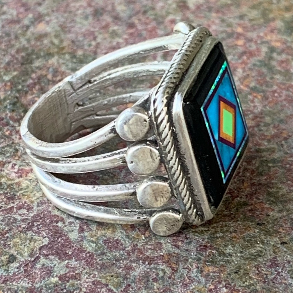 Aldrich Arts * Stunning “Gents” Inlaid Jet Black & Turquoise Ring - Picture 5 of 8
